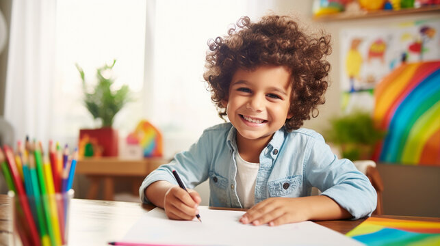Cute boy draws and smiles. Children draw in their free time