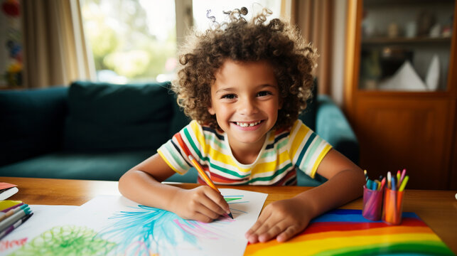 Cute boy draws and smiles. Children draw in their free time