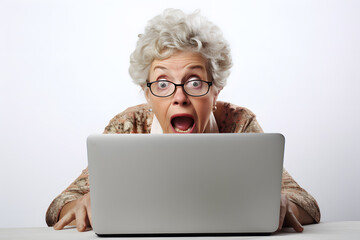 Elderly woman surprised or shocked looking at laptop screen  isolated on white background
