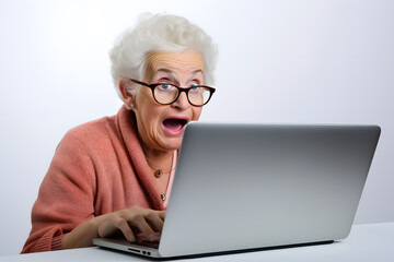 Elderly woman surprised or shocked looking at laptop screen  isolated on white background - obrazy, fototapety, plakaty