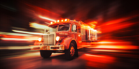 red retro fire truck rushes to the call. ai generative