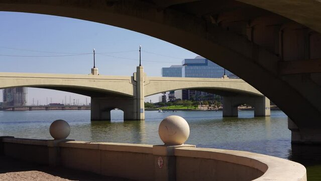 Tempe Town Lake Bridges in Tempe Arizona, America, USA. A beautiful spot to see the Temps skyline and two bridges crossing the town lake.