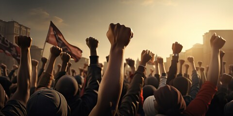 African American people in a crowd fighting and protesting in the street with raised fists against racism and racial discrimination, for change, freedom, justice and equality, Black Lives Matter - obrazy, fototapety, plakaty