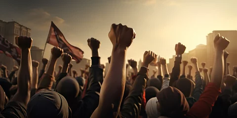 Foto op Plexiglas African American people in a crowd fighting and protesting in the street with raised fists against racism and racial discrimination, for change, freedom, justice and equality, Black Lives Matter © Eli Berr