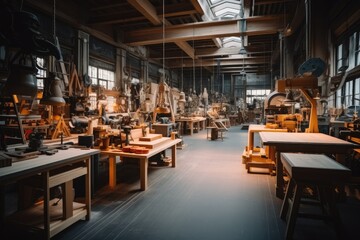 A workshop in a warehouse hall equipped with industrial woodworking tools.