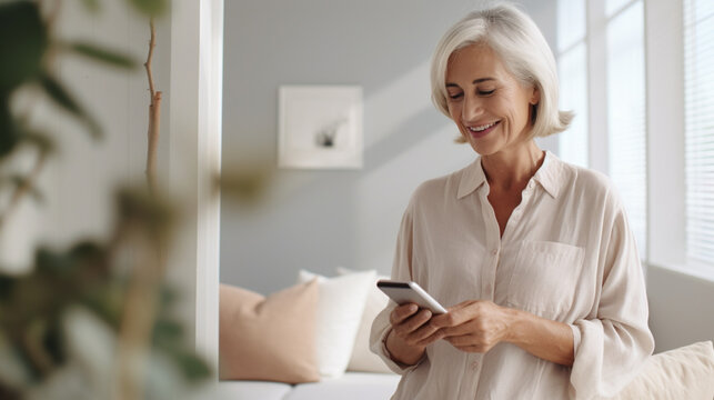 One senior woman with gray hair use smartphone at home portrait