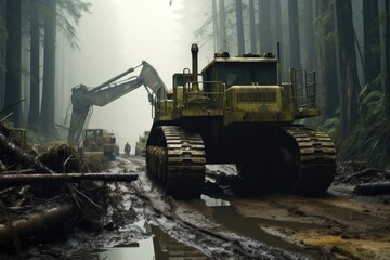 A giant bulldozer pushing a massive tree down in a devastated rainforest.