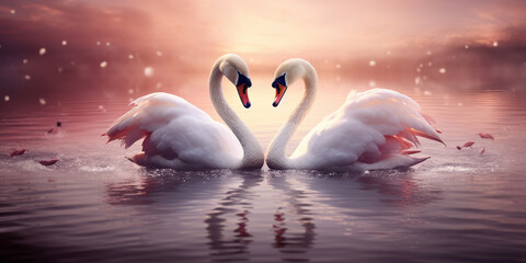 a couple of swans on a romantic evening