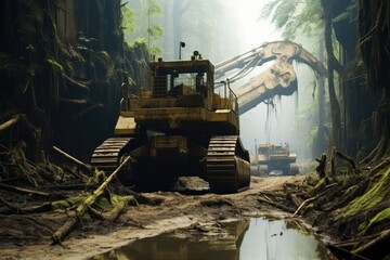 A giant bulldozer pushing a massive tree down in a devastated rainforest. - obrazy, fototapety, plakaty