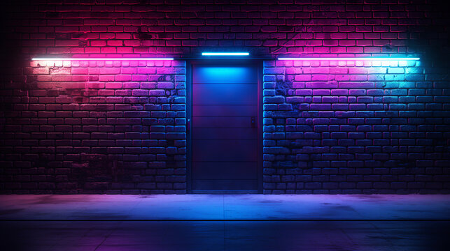 brick wall in an alley and the back entrance door to a nightclub, neon lighting. ai generative