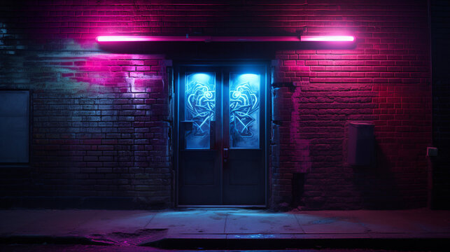 brick wall in an alley and the back entrance door to a nightclub, neon lighting. ai generative