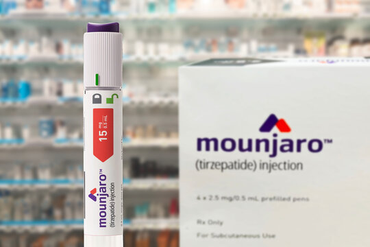 Mounjaro - Tirzepatide with injection pen is an antidiabetic medication used for the treatment of diabetes and to lose weight. Focus on foreground. Copenhagen, Denmark - November 13, 2023.