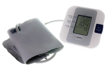 Blood pressure monitor showing a high reading of 158/104