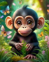 Babyschimpanse mit großen Augen im Park mit Schmetterlingen und Gras