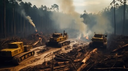 Smog and destruction in the amazon jungle, Huge logging machines.