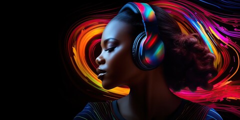 African woman wearing headphones, enjoying music beats, feeling emotions in vibrant color pulse, colorful dynamic sound vibes, abstract digital light effects on black background - obrazy, fototapety, plakaty