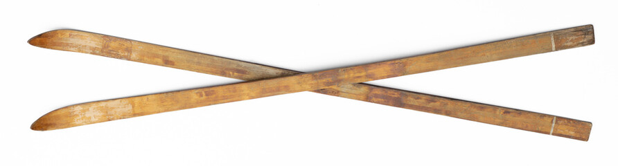 old wooden skis isolated on white background