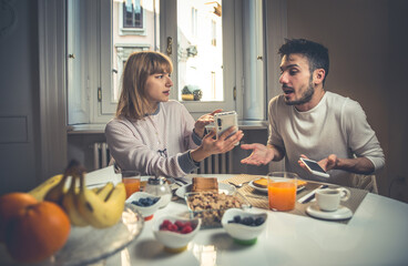 couple making breakfast at home. Concept about lifestyle, healthy food and relationship
