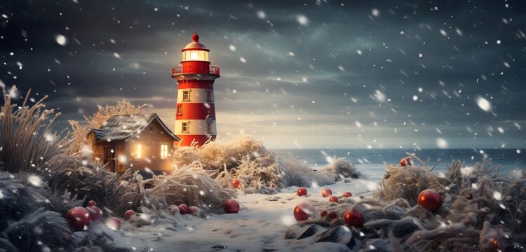 Festively Decorated Lighthouse Shining in Snowy Night