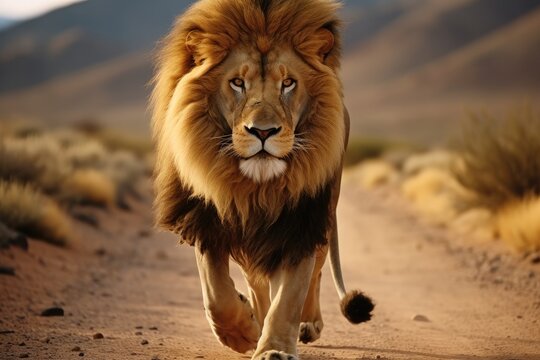 The lion king walking down the road.