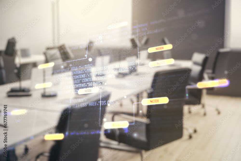 Poster abstract virtual coding illustration on a modern furnished classroom background, software developmen