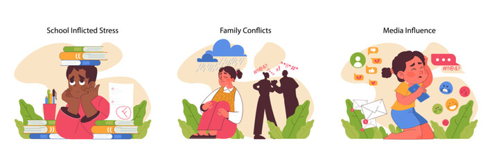 Childhood neurosis set. Children feeling anxious and depressed. School stress, media role, family dynamics. Learning to deal with external pressures and heavy emotions. Flat vector illustration