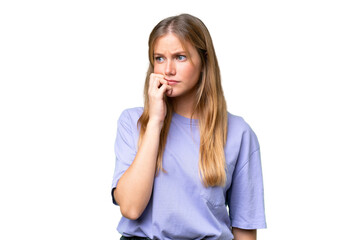 Young beautiful woman over isolated background is a little bit nervous