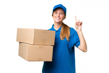 Delivery caucasian woman over isolated background pointing up a great idea