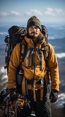 A climber in equipment stands on a rocky ledge with a backpack. Landscape of forest and mountains. Banner with place for text. Concept: adventure, mountaineering and dangerous tourism