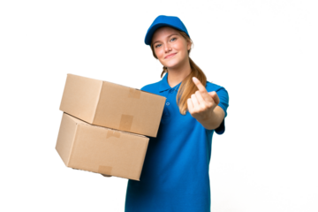 Delivery caucasian woman over isolated background doing coming gesture