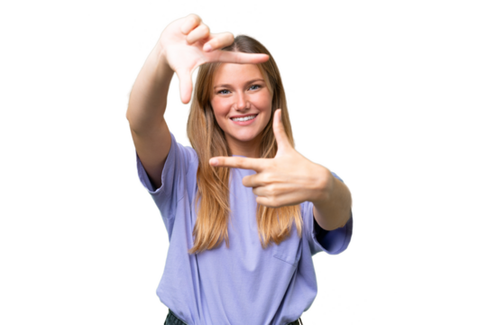 Young beautiful woman over isolated background focusing face. Framing symbol