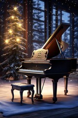 Classical grand piano in Christmas decorated interior with warm lights. Cozy winter evening with classical instrument and festive decorations. - obrazy, fototapety, plakaty