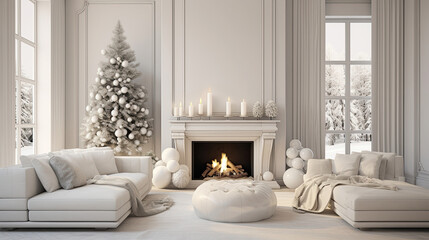 Elegant white Christmas interior with a cozy fireplace and snow view through the window. Chic Christmas home decor with a modern minimalist tree and a warm, inviting fireplace.