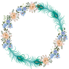 Flowers & peacock feather wreath design in transparent background 