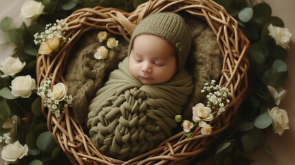 Fototapeta premium newborn baby in a green pistachio winding and a white bandage with a flower on his head sleeps sweetly in Wooden basket