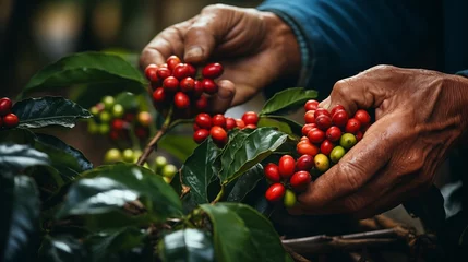 Fotobehang close up of agriculturist hand keeping arabica coffee berries,green tree © Amonthep
