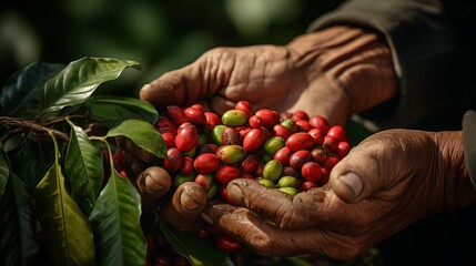 close up of agriculturist hand keeping arabica coffee berries,green tree - obrazy, fototapety, plakaty