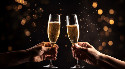 hands holding two glasses of champagne with confetti, sparkles, serpentine and lights. Night celebration concept. ai generative