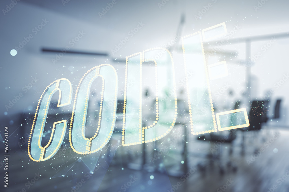 Poster Code word hologram on modern corporate office background, artificial intelligence and neural networks concept. Multiexposure