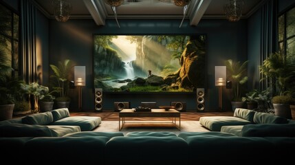 Create a home theater with big screen with sound absorption divider with dark green color velvet curtain, Minimalist style furniture.