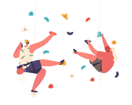 Climbers Scaling Artificial Rock Walls, Displaying Strength, Balance, And Determination In Indoor Bouldering Facilities