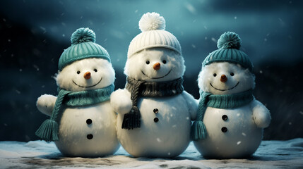 three Snowmen in Winter Hat. ai generative - obrazy, fototapety, plakaty