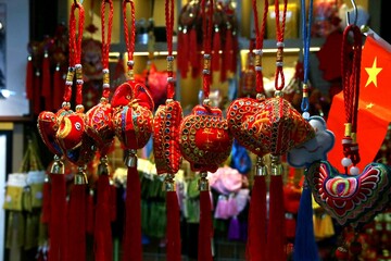 Chinese amulets and souvenirs in a souvenir shop.