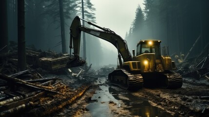 A giant bulldozer pushing trees in a devastated rainforest. - obrazy, fototapety, plakaty