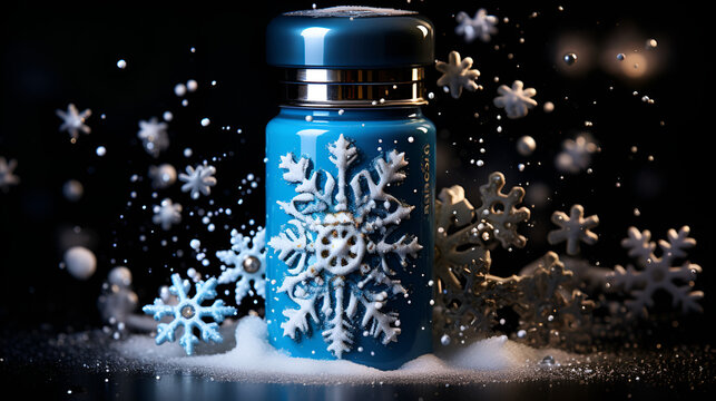 A blue bottle adorned with snowflakes