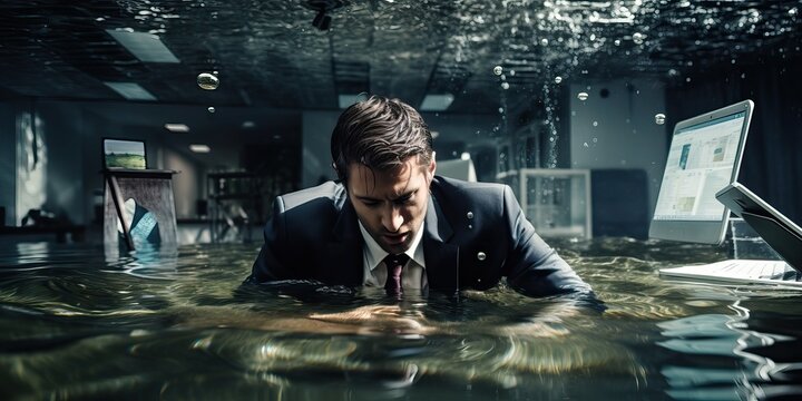 A stressed desperate businessman submerged by water in his workplace, having a burnout because of excess working, mental load, economic crisis, depression and recession, Panic on Finance