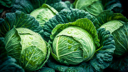 Creative food concept. Fresh cabbage decorated with shiny seamless water drops. layout review. from above. flat lay - obrazy, fototapety, plakaty