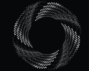 White halftone dots in vortex form. Geometric art. Trendy design element.Circular and radial lines volute, helix.Segmented circle with rotation.Radiating arc lines