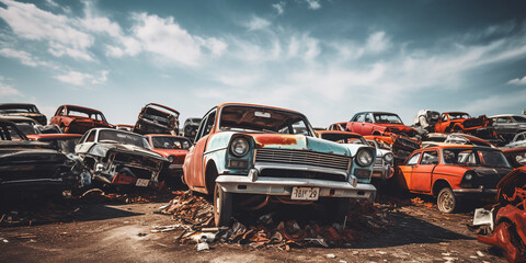 Old damaged cars on the junkyard waiting for recycling. Pile of discarded old cars. ai generative - obrazy, fototapety, plakaty