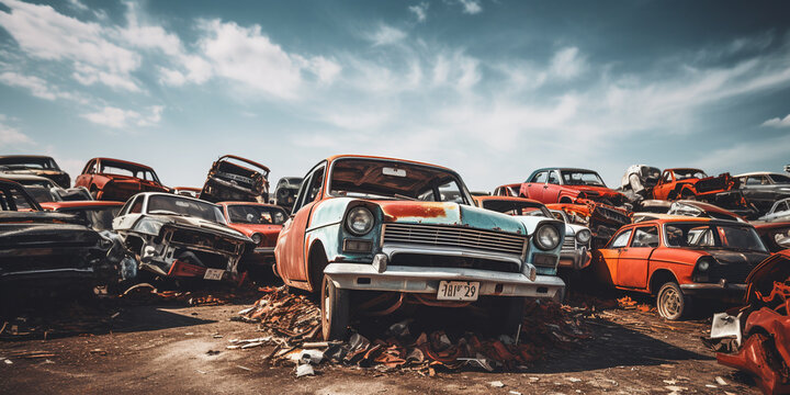 Old damaged cars on the junkyard waiting for recycling. Pile of discarded old cars. ai generative